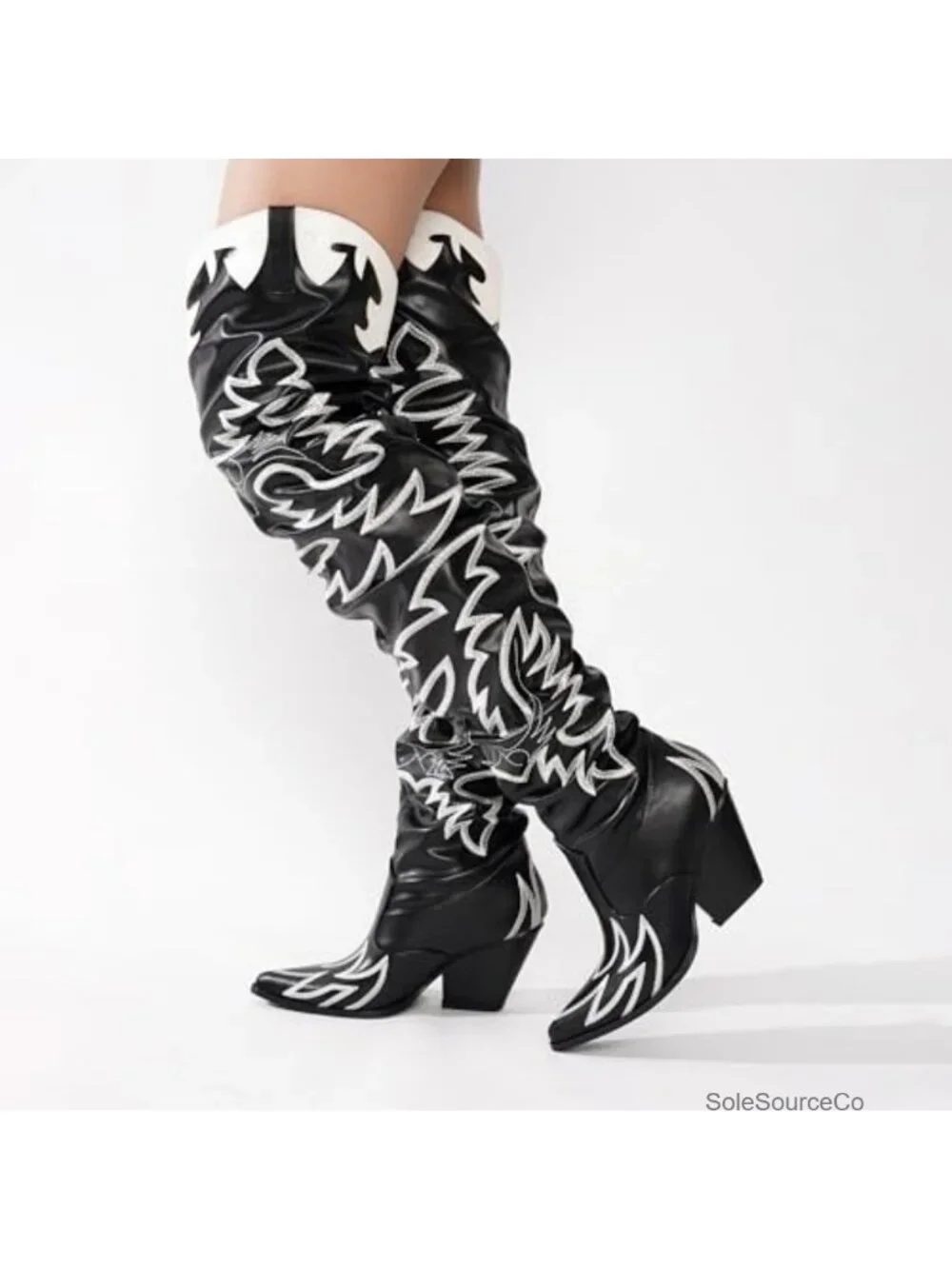 Women's Slouchy Pull-On Thigh High Boots Chunky Heel Pointed Toe Faux Leather
